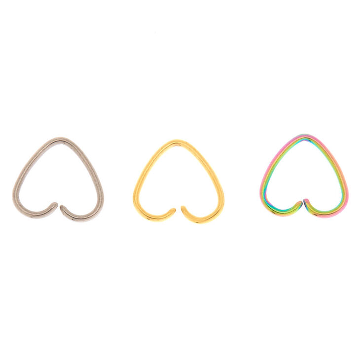 Lot de 3 anneaux de piercing cartilage c&oelig;ur couleur titan&eacute;, couleur dor&eacute;, couleur argent&eacute; et arc-en-ciel,