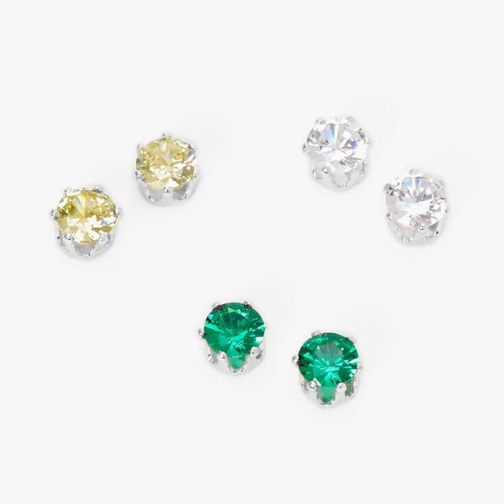 Green, Yellow &amp; Clear Cubic Zirconia 5MM Magnetic Stud Earrings - 3 Pack,