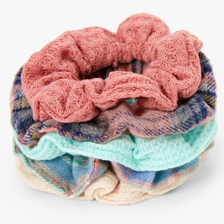 Pastel Plaids and Solids Ribbed Knit Hair Scrunchies - 5 Pack,