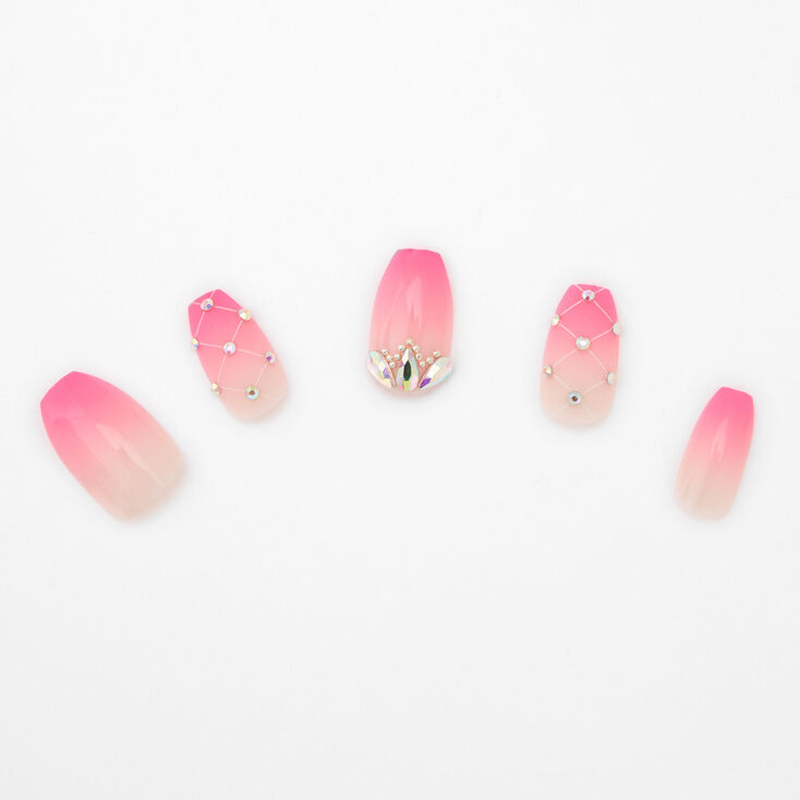 Bright Pink Ombre Crystal Coffin Faux Nail Set - 24 Pack,