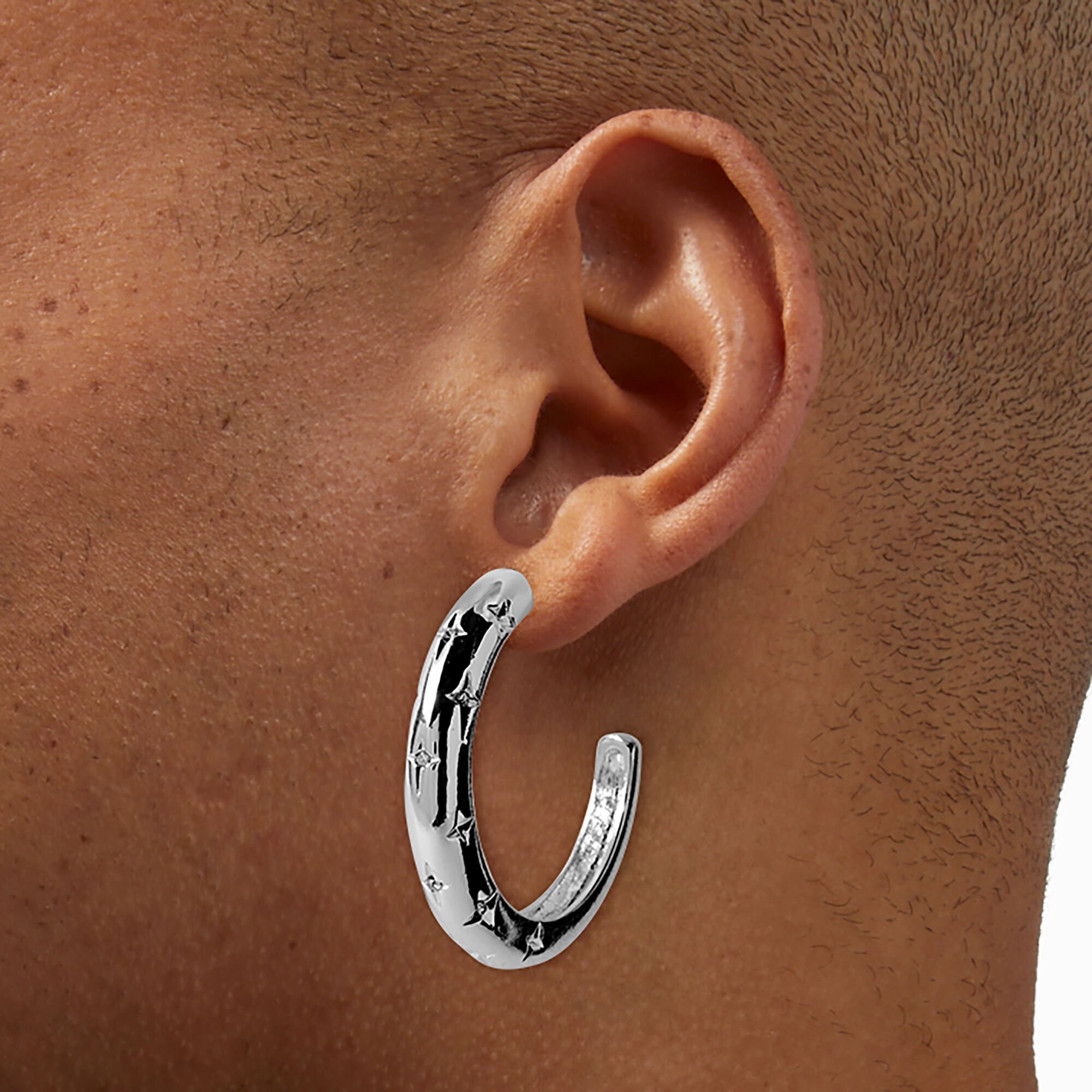 Silver-tone Star Stamped 50mm Hoop Earrings,