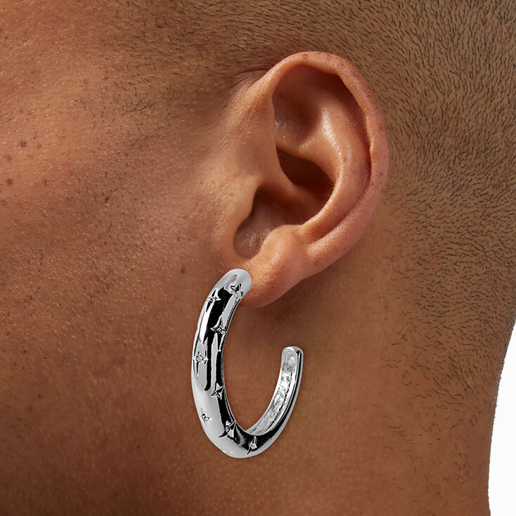 Silver-tone Star Stamped 50mm Hoop Earrings,