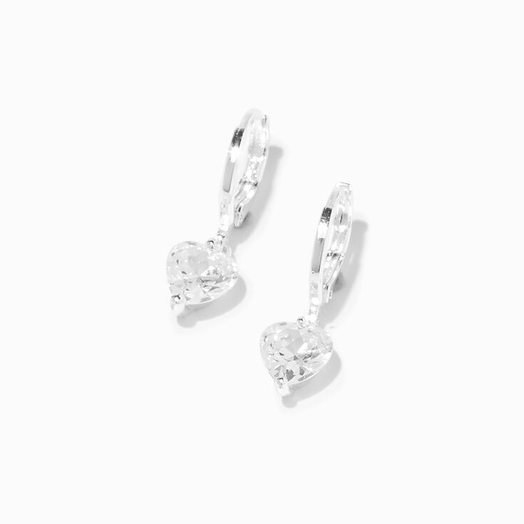 Silver-tone Cubic Zirconia 10mm Heart Huggie Hoop Earrings,
