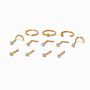 20G Gold-tone Stainless Steel Cubic Zirconia Nose Studs &amp; Hoop - 12 Pack,