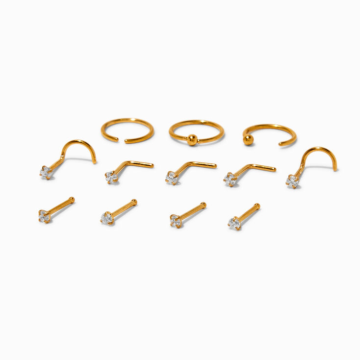20G Gold-tone Stainless Steel Cubic Zirconia Nose Studs &amp; Hoop - 12 Pack,