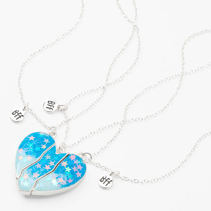 Best Friends Glow In The Dark Blue Confetti Split Heart Necklaces - 3 Pack,