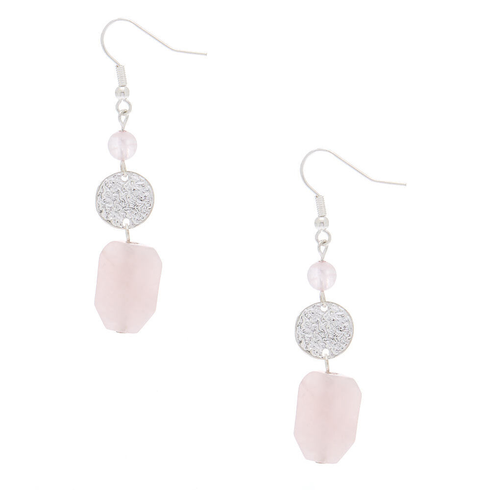 Silver 2" Hammered Stone Drop Earrings - Pink,