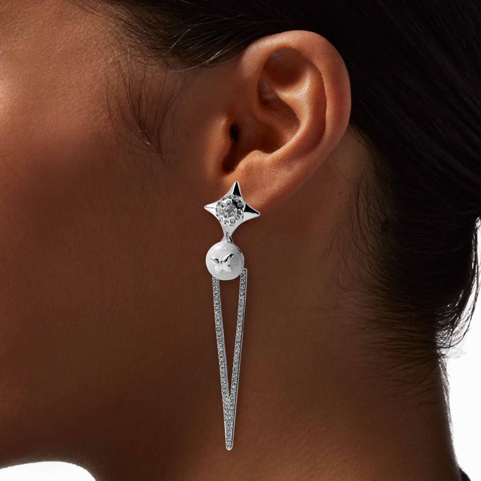 Silver-tone Butterfly Spike 3" Drop Earrings ,