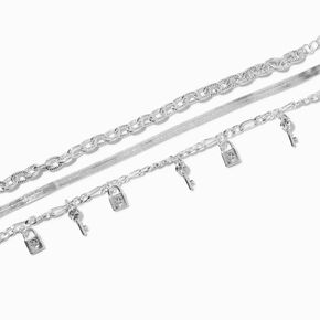 Silver-tone Lock &amp; Key Snake Chain Bracelets - 3 Pack,