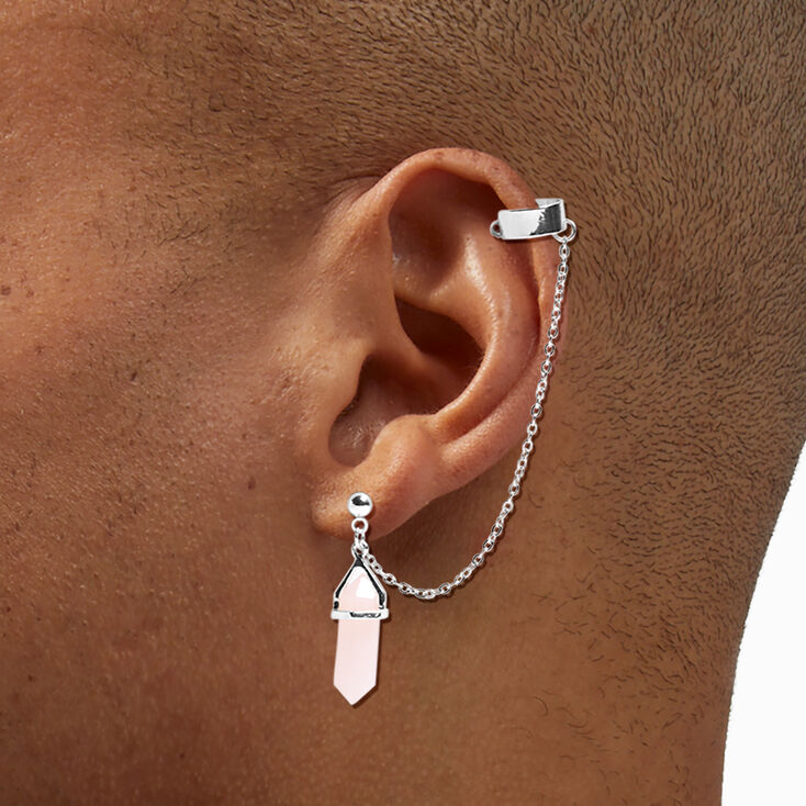 Pink Mystical Gem Silver Cuff Connector Drop Earrings,