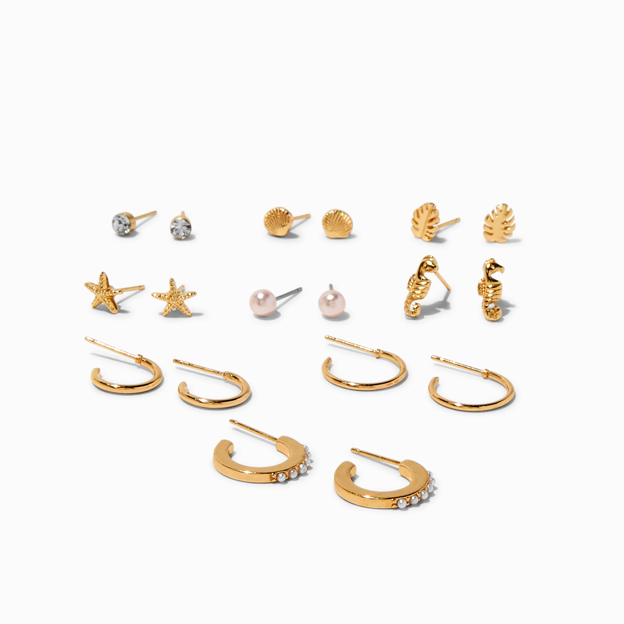 View Claires Ocean Treasures Tone Mixed Earring Set 9 Pack Gold information