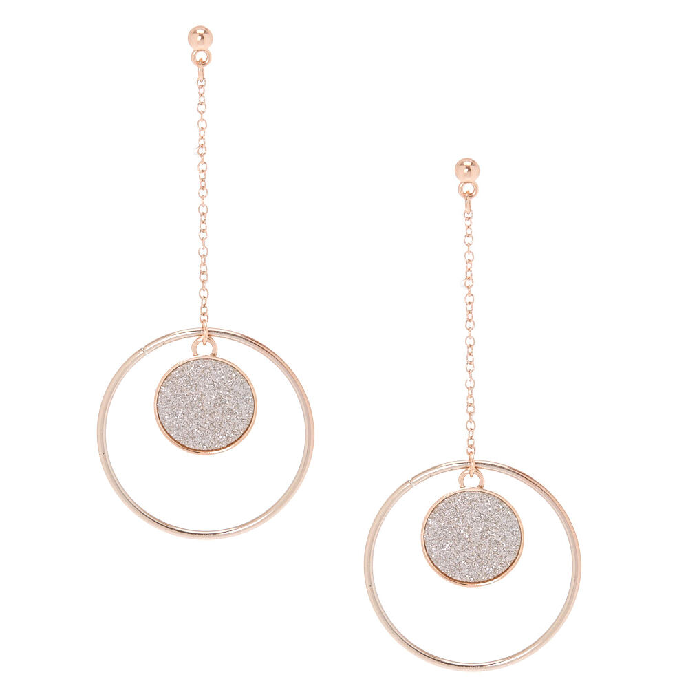Glitter Silver Disk Drop Earrings,