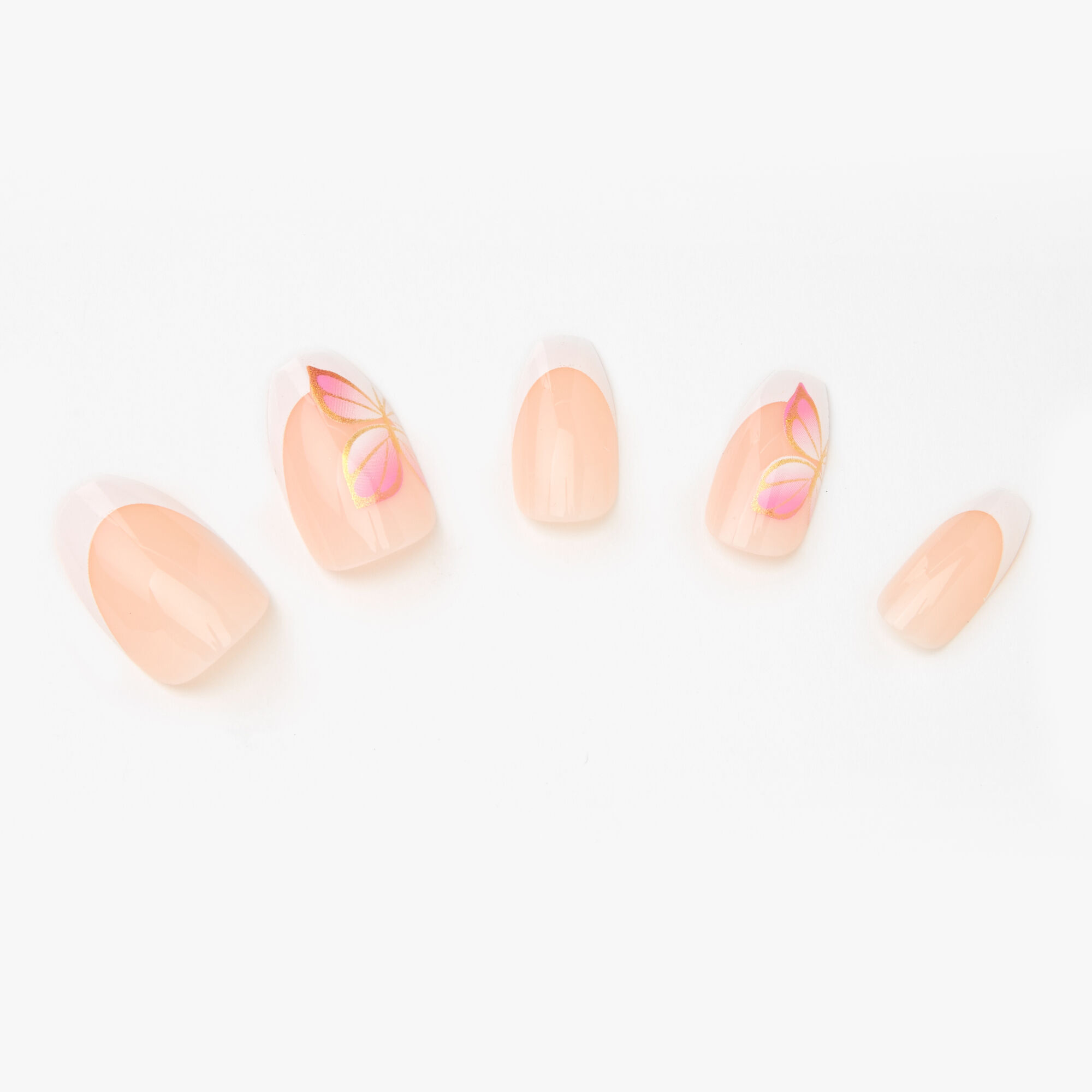 Faux ongles ballerine French manucure papillons roses - Lot de 24,