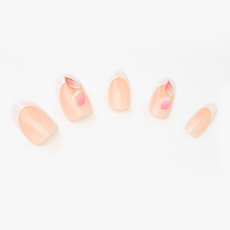 Faux ongles ballerine French manucure papillons roses - Lot de 24,