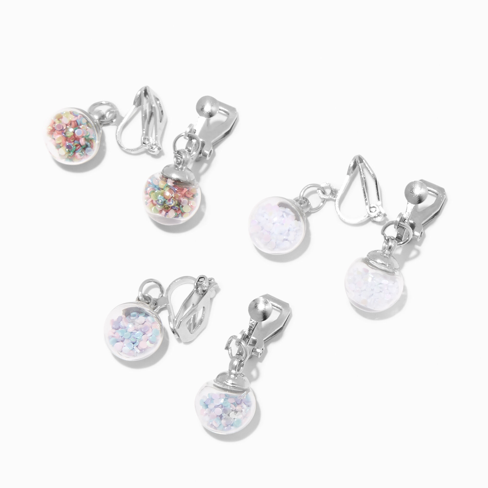 View Claires Tone 05 Glitter Shaker Clip On Drop Earrings 3 Pack Silver information