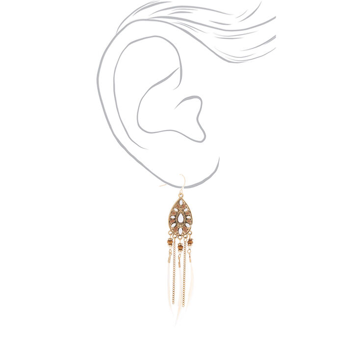 Gold 4&quot; Beaded Feather Teardrop Drop Earrings - White,