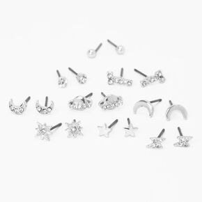 Silver-tone Celestial Stud Earrings - 9 Pack,