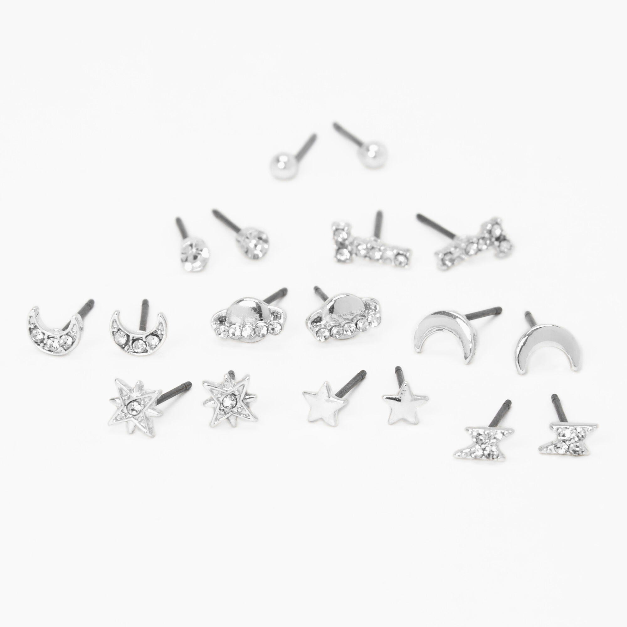 View Claires Tone Celestial Stud Earrings 9 Pack Silver information