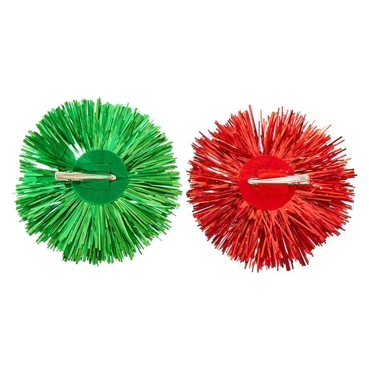 Red &amp; Green Tinsel Pom Pom Clips,