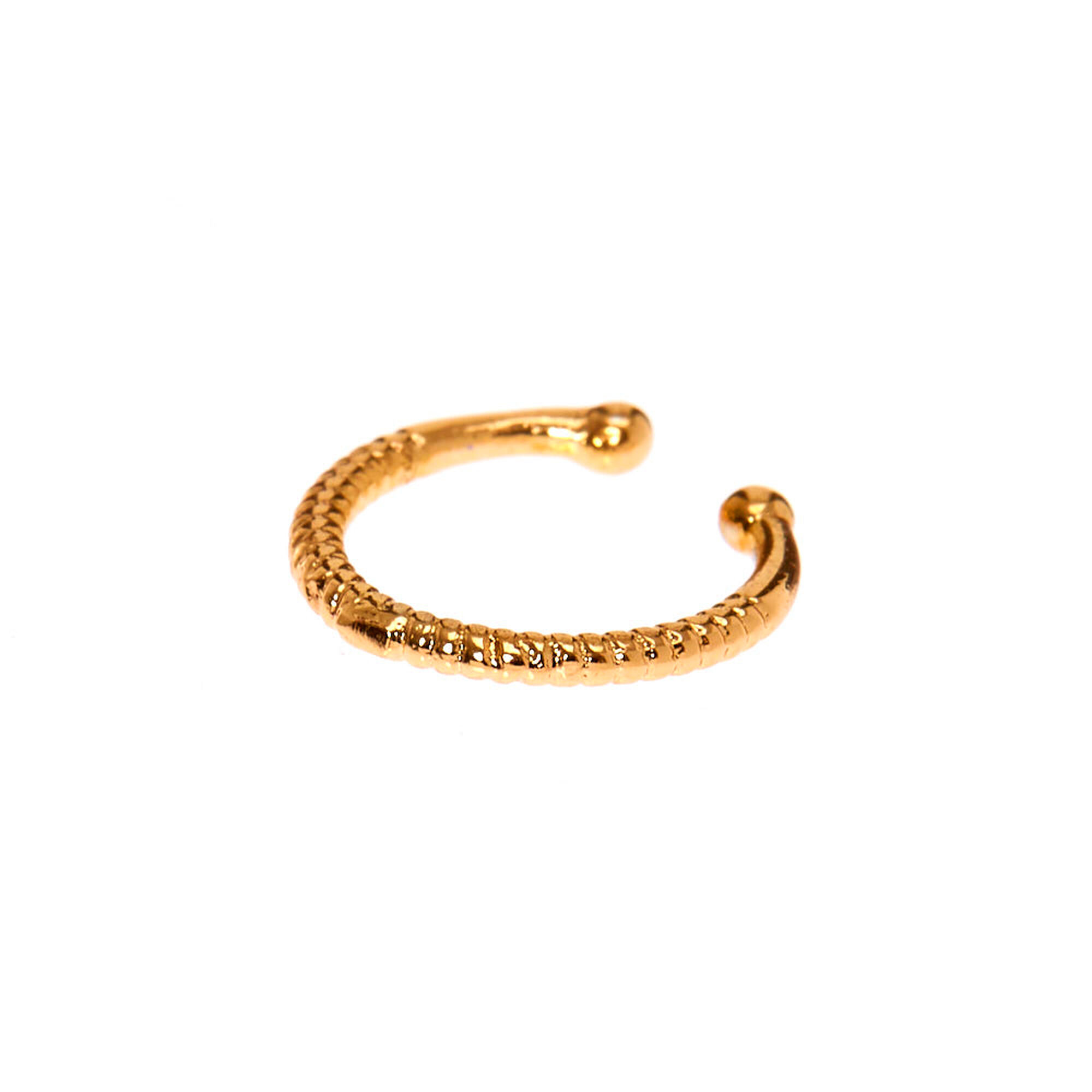 View Claires Tone Spring Faux Hoop Nose Ring Gold information