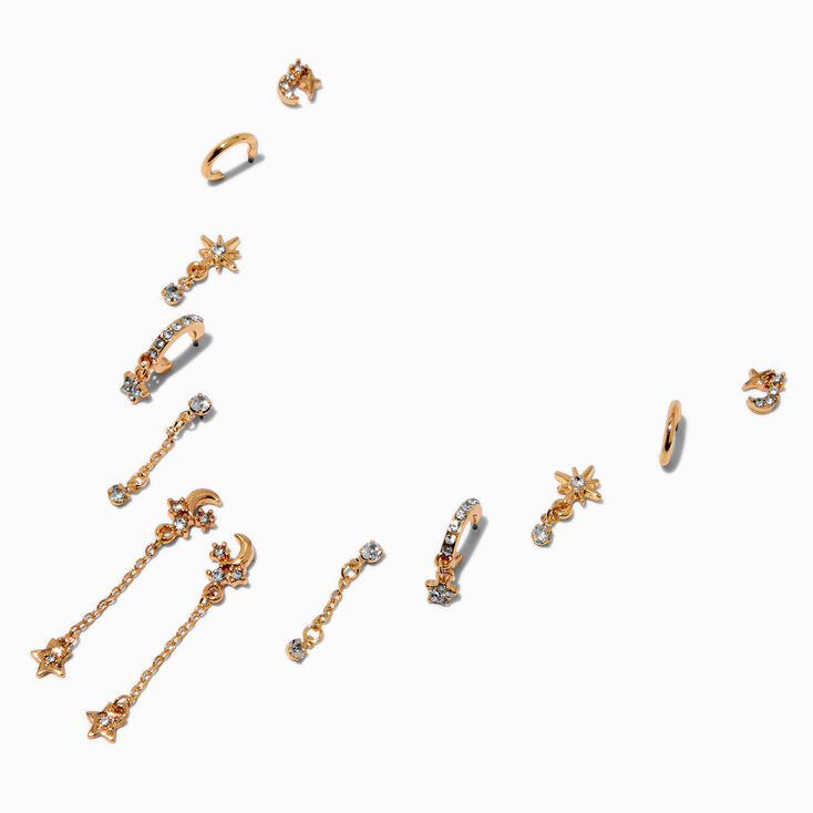Gold-tone Star &amp; Moon Earring Stackables Set - 6 Pack,