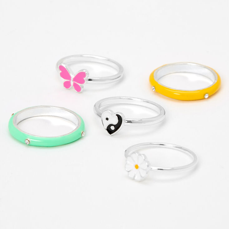 Silver Yin Yang Heart Lucky Ring - 5 Pack,
