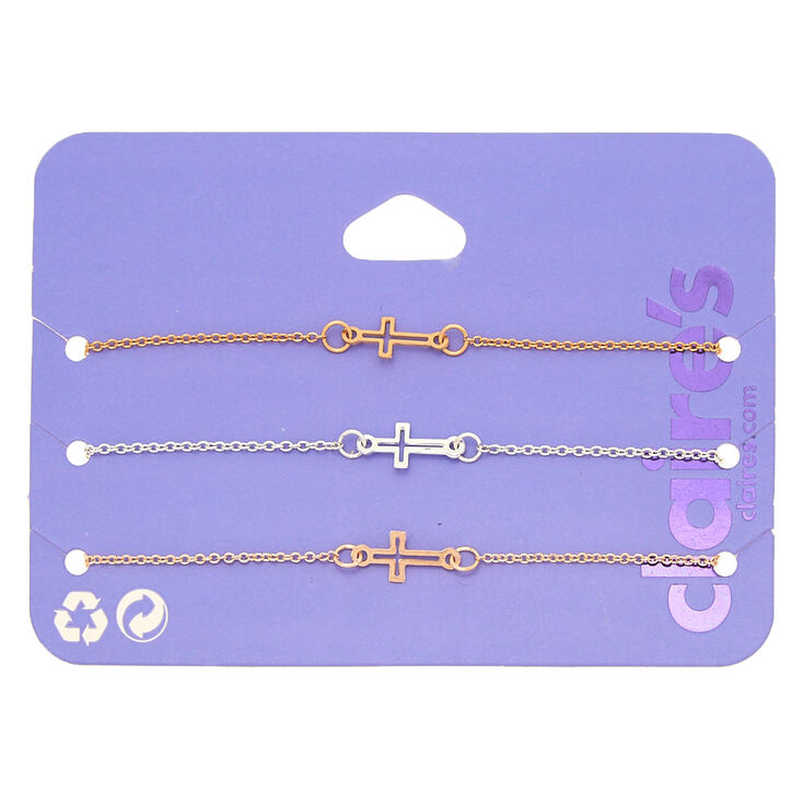 Mixed Metal Cross Chain Bracelets - 3 Pack,