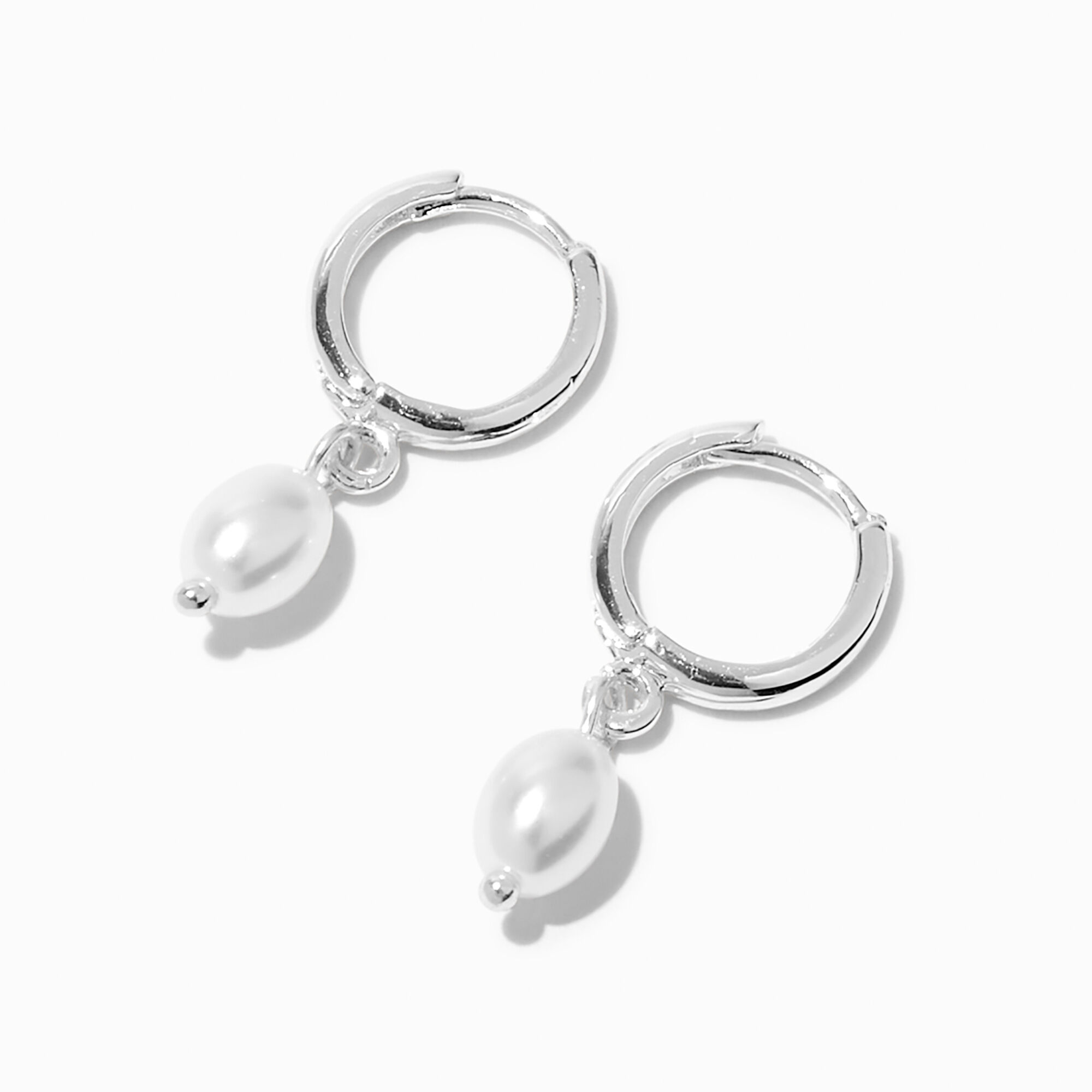 View Claires 10MM Pearl Huggie Hoop Earrings Silver information