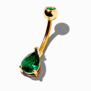 Gold-tone Stainless Steel Green Cubic Zirconia Teardrop 14G Belly Bar,