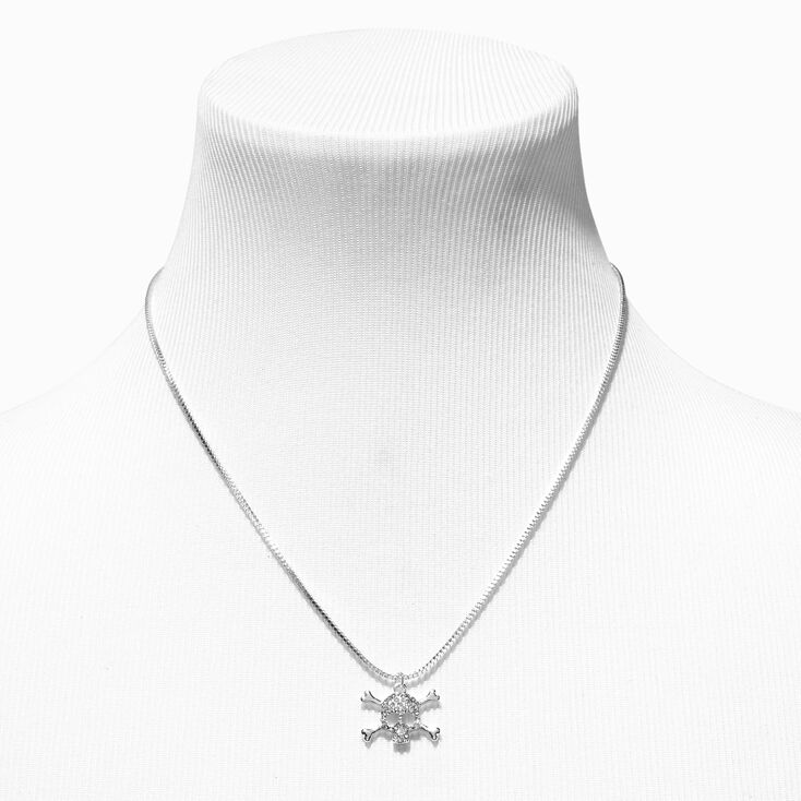 Silver Crystal Skull &amp; Crossbones Pendant Necklace,