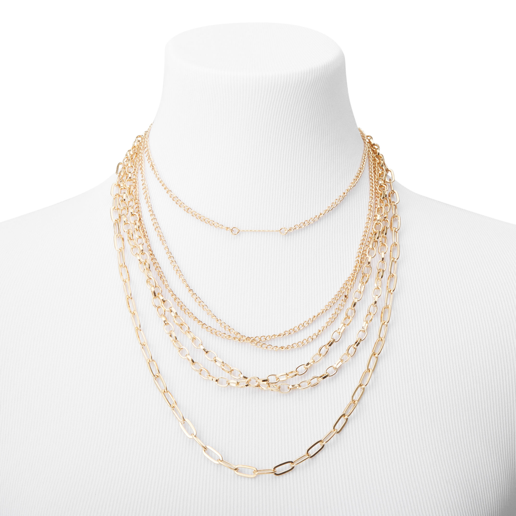 Gold Open Chain Link Multi Strand Necklace,