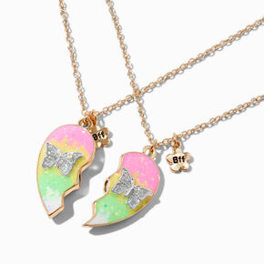 Best Friends Split Heart Butterfly Pendant Necklaces - 2 Pack,