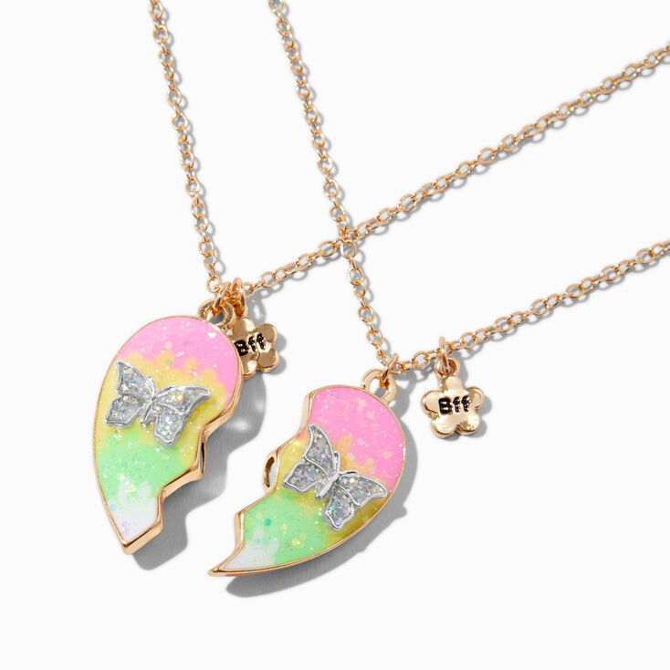 Best Friends Split Heart Butterfly Pendant Necklaces - 2 Pack,