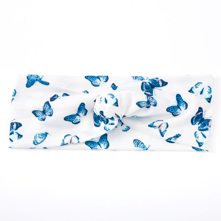 Blue Butterfly Twisted Headwrap - White,