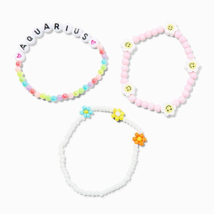 Zodiac Daisy Happy Face Beaded Stretch Bracelets - 3 Pack, Aquarius,