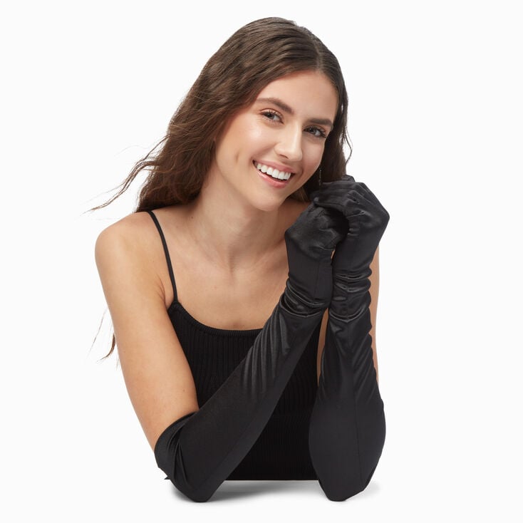 Longs gants en tissu satin&eacute; noir,