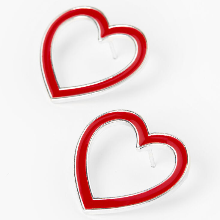 Silver Red Heart Cutout Stud Earrings,