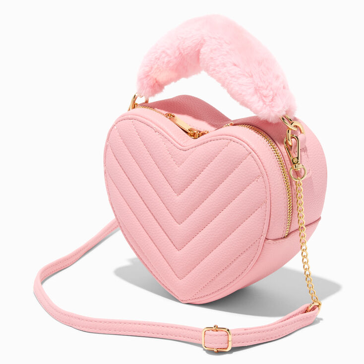 Faux Fur Handle Quilted Pink Heart Crossbody Bag | Claire's US
