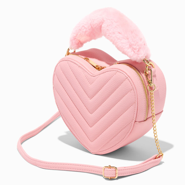 Faux Fur Handle Quilted Pink Heart Crossbody Bag,