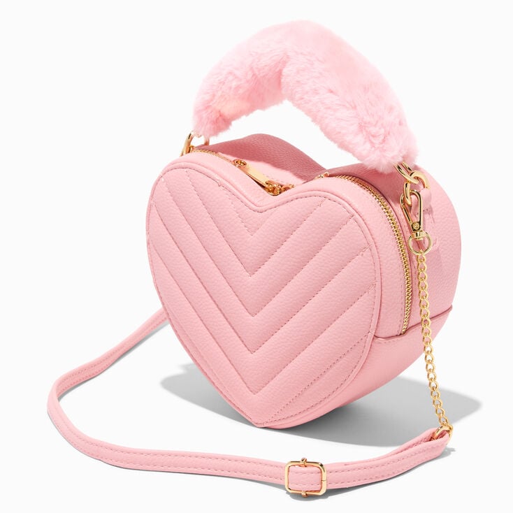 Faux Fur Handle Quilted Pink Heart Crossbody Bag | Claire\'s US