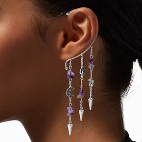 Silver-tone Purple Crystal Mushroom Hanging Ear Cuff ,