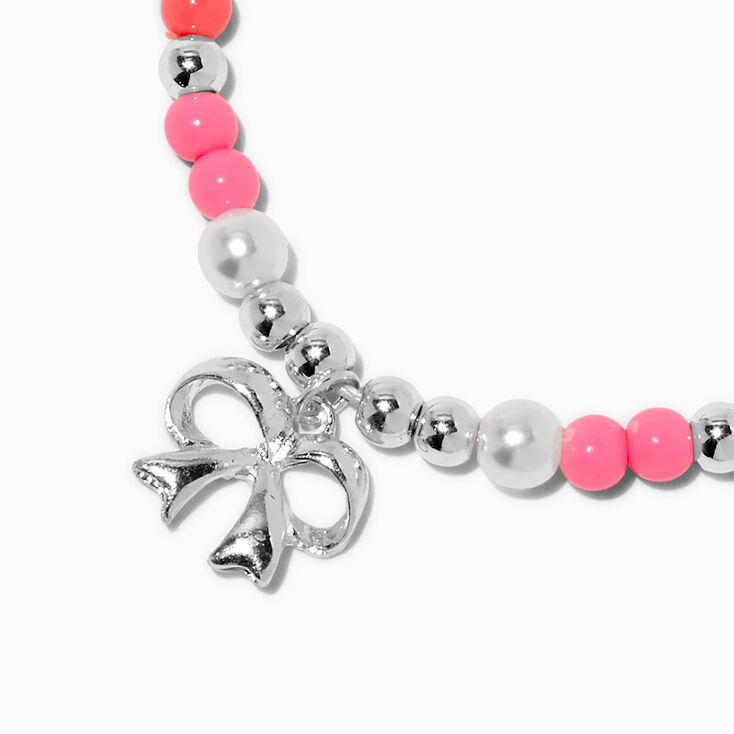 Silver-tone Bow Pink Beaded Adjustable Bracelet,