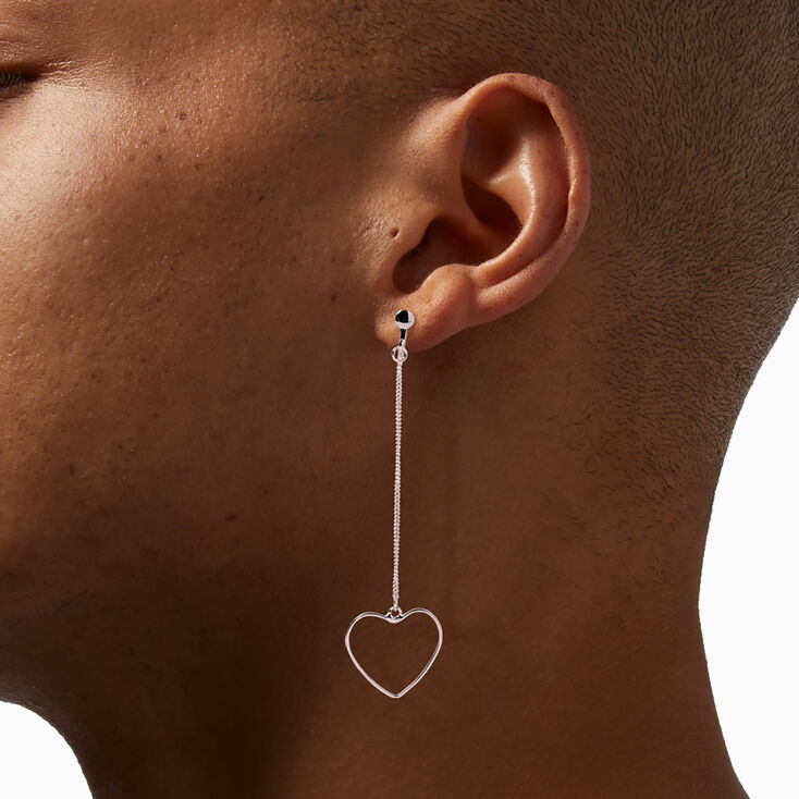 Silver-tone Linear Heart Clip-On Drop Earrings,
