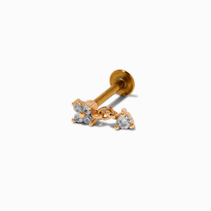 Gold-tone Stainless Steel Cubic Zirconia Dangling Flower Threadless Helix Earring,