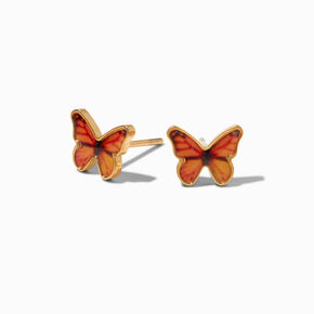 Clous d&#39;oreilles papillon monarque en titane couleur dor&eacute;e,