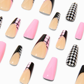 Pink &amp; Black Houndstooth Squareletto Vegan Faux Nail Set - 24 Pack,