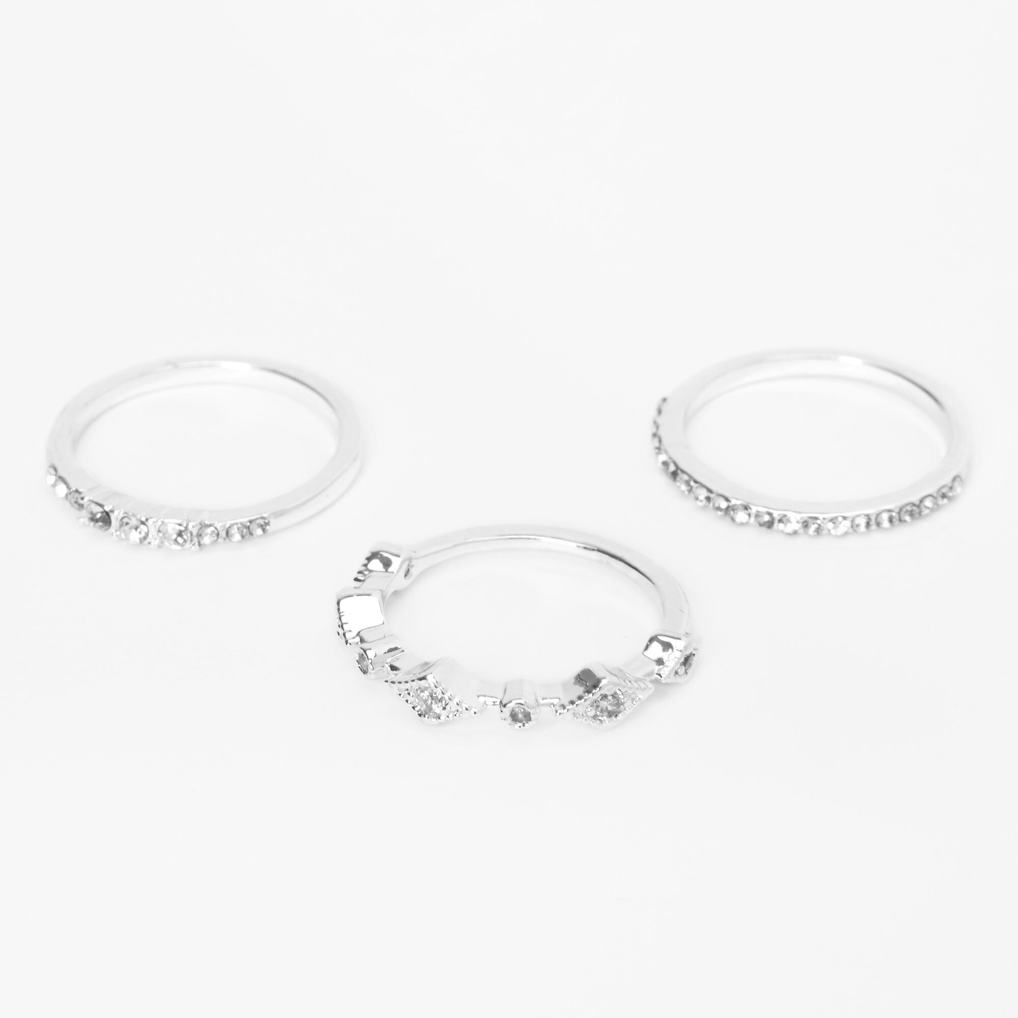View Claires Crystal Embellished Rings 3 Pack Silver information