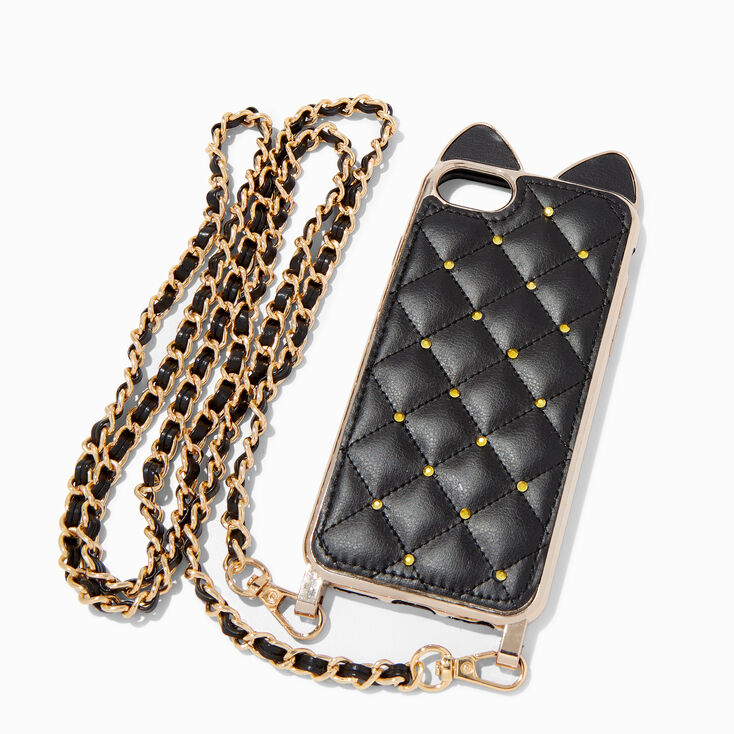 Black Leather Phone Case Wallet with Crossbody Pearl iPhone Chain – Louve  collection