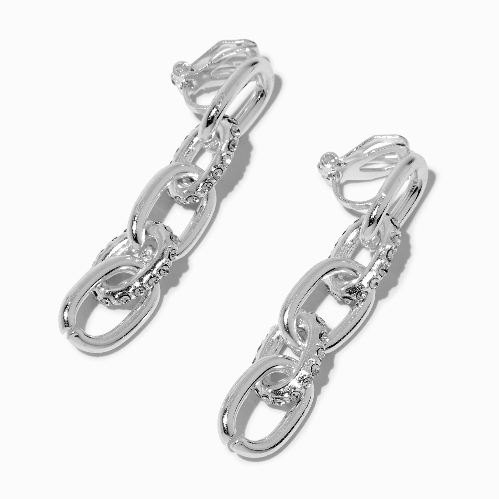 View Claires Crystal Tone Chunky Chain Clip On Drop Earrings Silver information