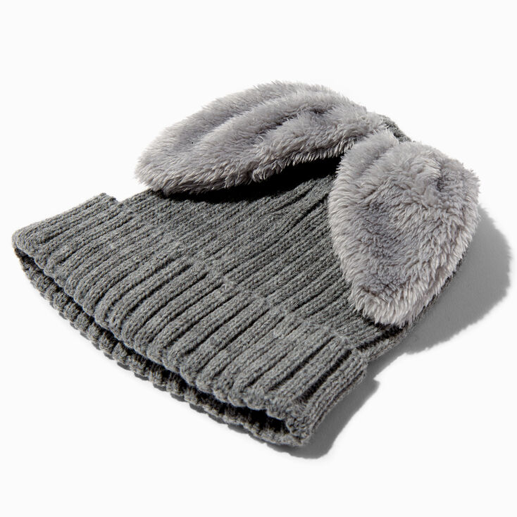 Furry Gray Bunny Ears Beanie Hat,